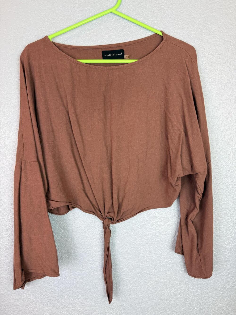 Mustard Seed Blouse Juniors Small Brown Bell Sleeve Tie Front Cropped Top